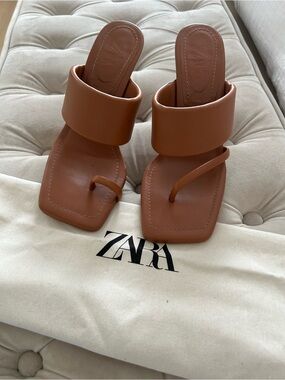 ZARA cognac Leather Crossover Padded Mule Heels Sandals 40